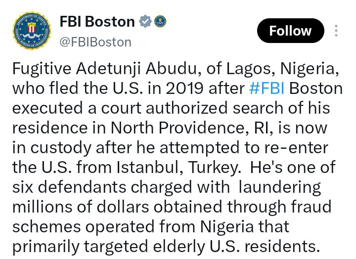 Wanted Nigerian fugitive charged in fraud scheme arrested at U.S airport after seven years on the run