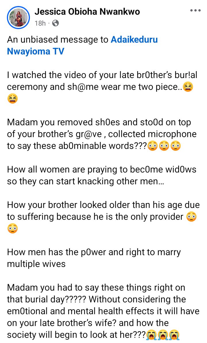 Nigerian lady calls out woman who spoke at burial ceremony, blaming wives for high mortality rate among men