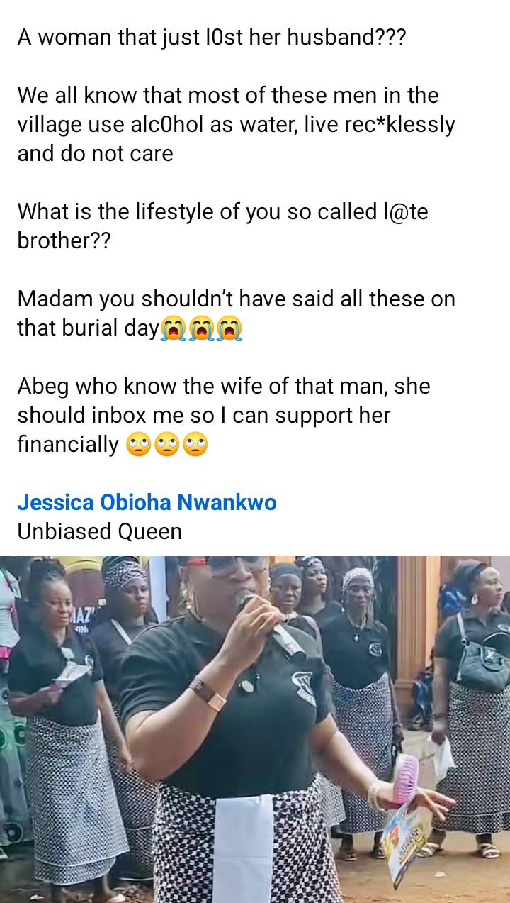 Nigerian lady calls out woman who spoke at burial ceremony, blaming wives for high mortality rate among men