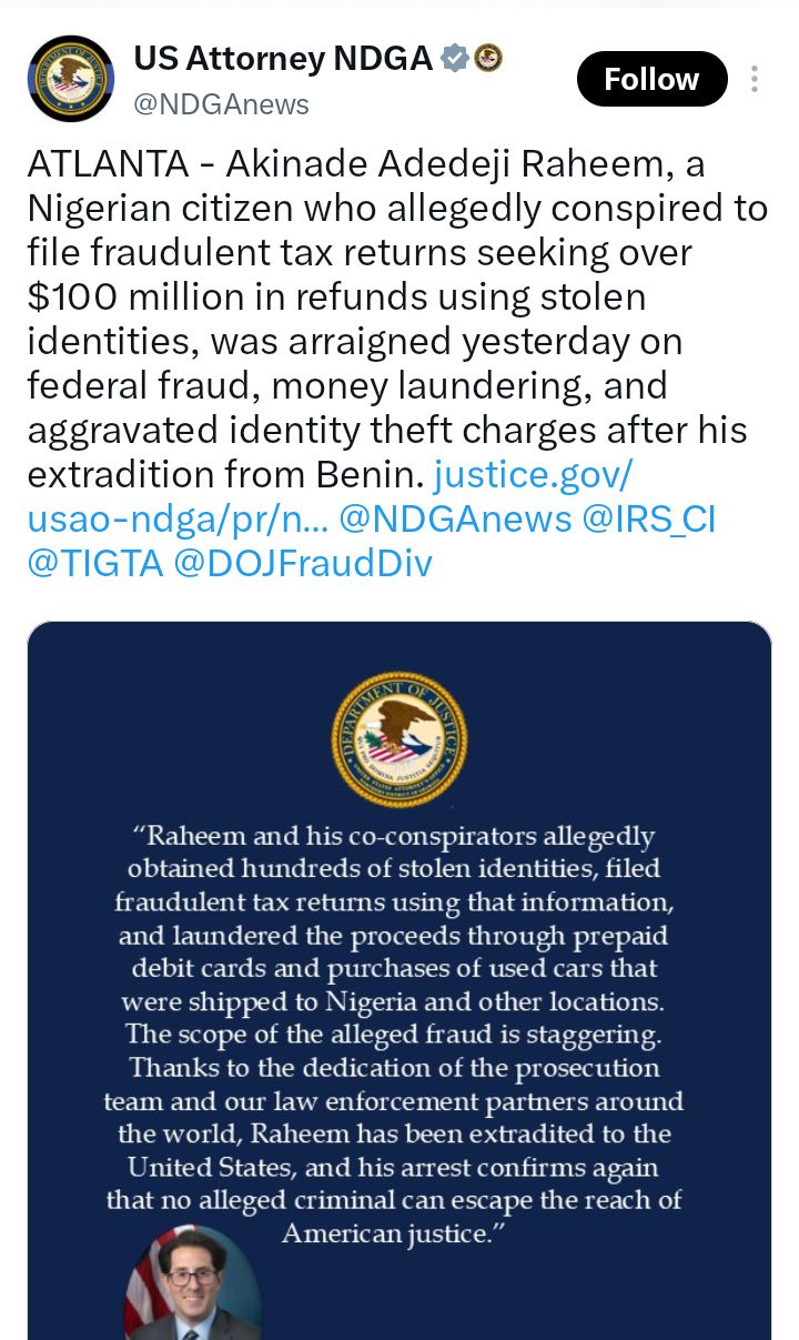 Nigerian man extradited from Benin Republic to US over $100m stolen identity tax scheme