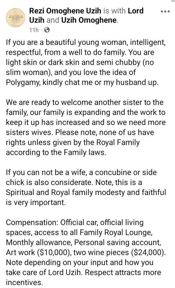 "No feminist" - Nigerian woman seeks wife, concubine or side chick for her husband