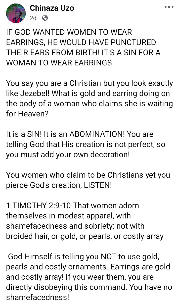 Earrings are abomination of Jezebel and a rebellion against the Creator - Nigerian woman tells women