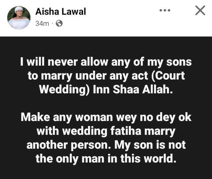 I will never allow my sons to have a court wedding - Nigerian woman says