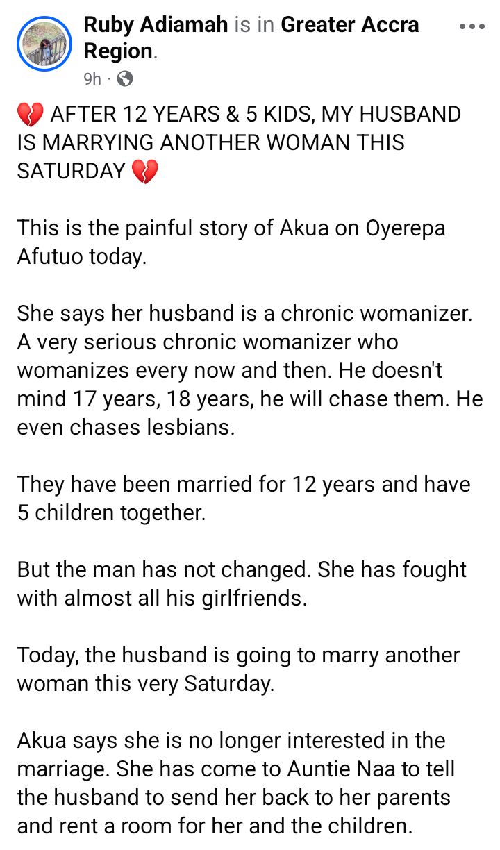Ghanaian mother of 5 fumes as her husband prepares to marry another woman after 12 years of marriage