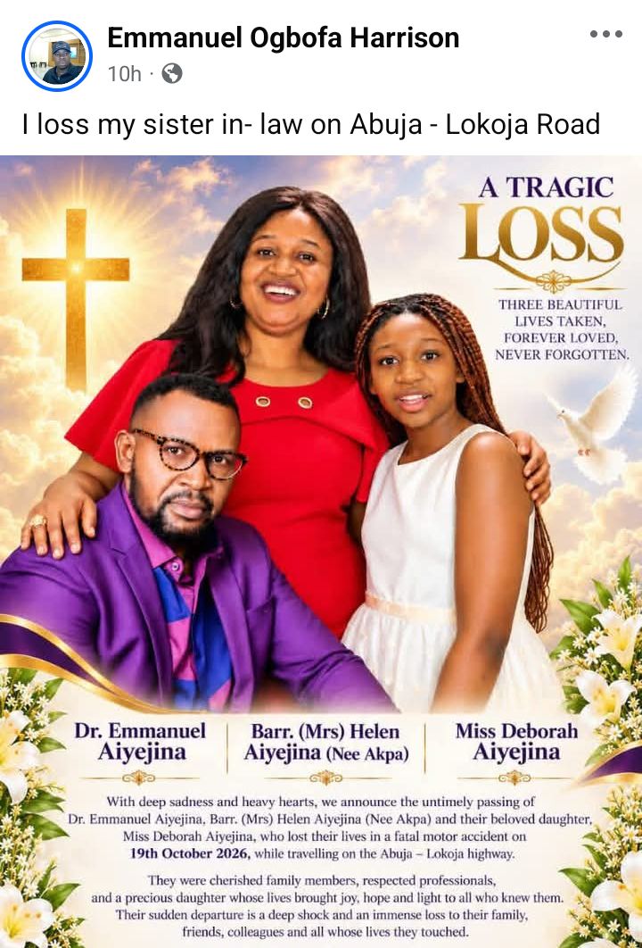 Couple and their daughter lose their lives in Abuja-Lokoja road crash