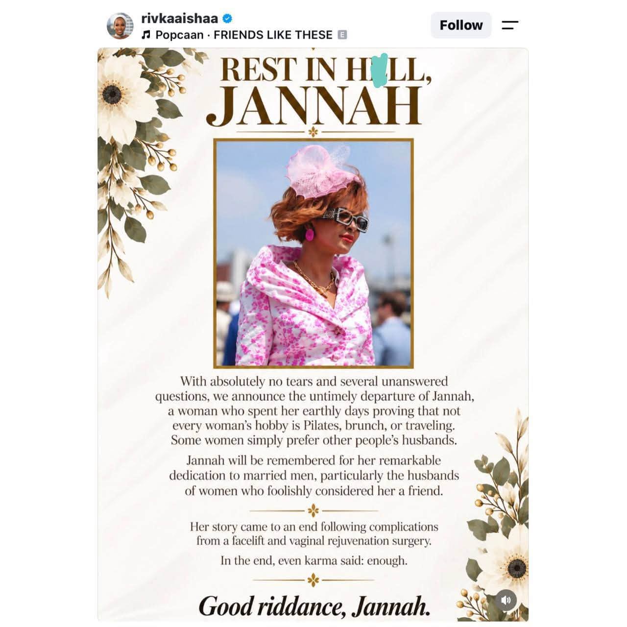 "She will be remembered for her dedication to married men" — Businesswoman pens scathing tribute to late friend