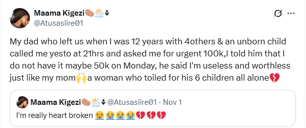 My dad who abandoned me and my siblings when I was 12 said I'm worthless because I could only afford to give him half of the money he asked for - Lady reveals