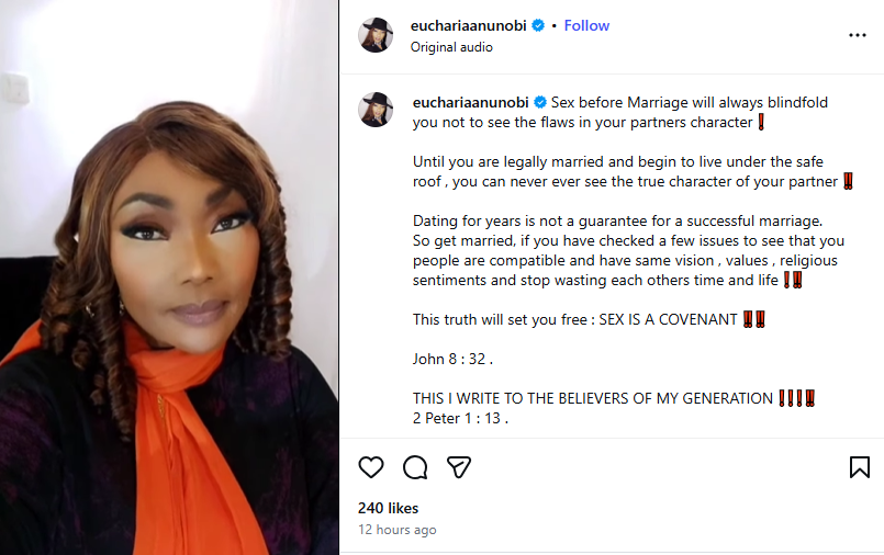 S#x before marriage will always blindfold you not to see the flaws in your partners character - Actress Eucharia Anunobi