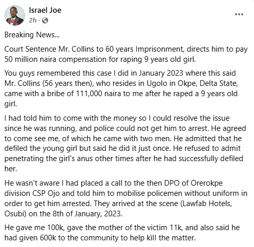 Court sentences 59-year-old man to 60 years imprisonment for r@ping 9-year-old girl in Delta