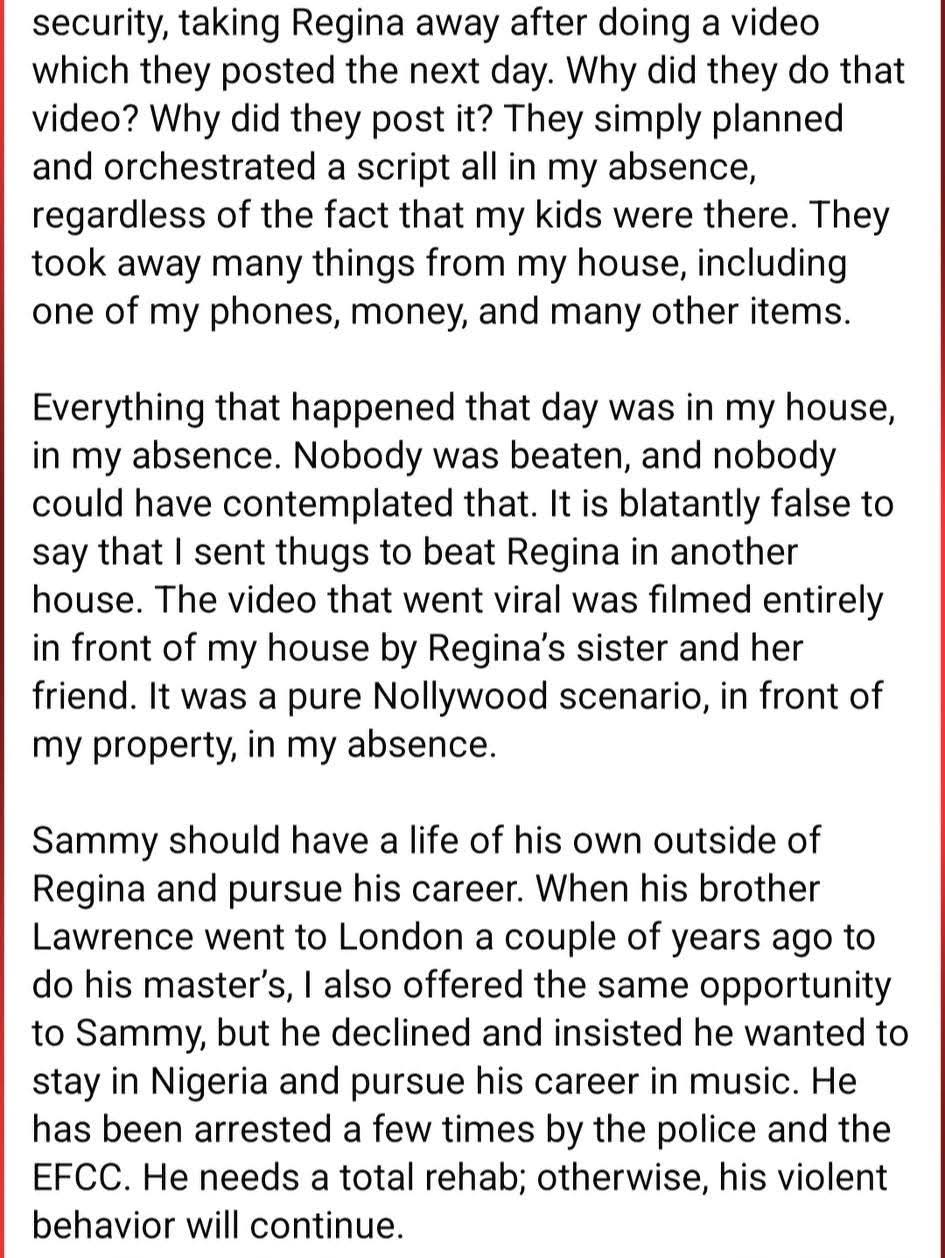 Ned Nwoko releases his version of events, claims video of Regina Daniels and her family alleging he sent thugs to beat her is a 