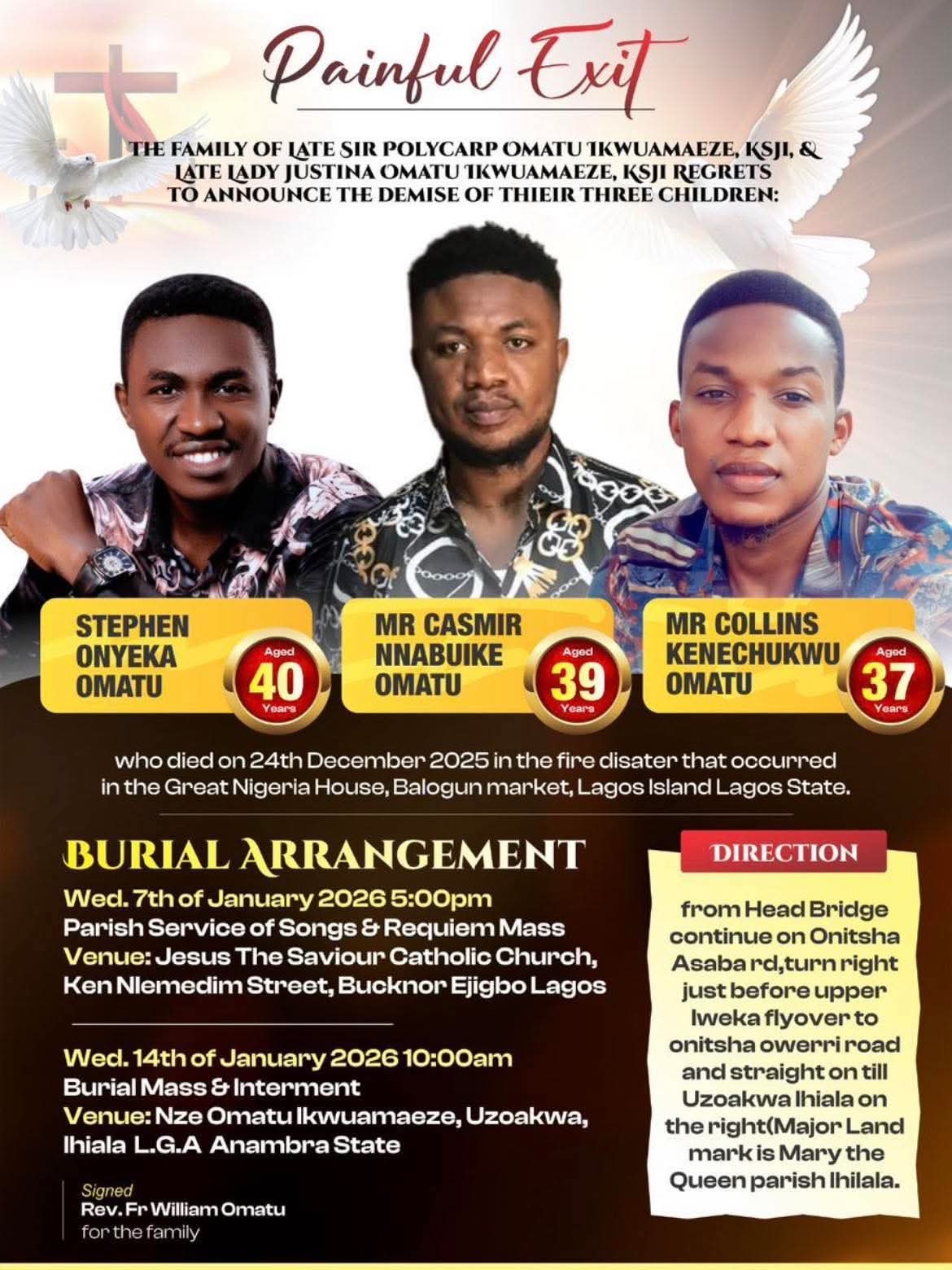 Catholic Priest narrates conversations with priest who lost 3 brothers in Great Nigeria Insurance House fire