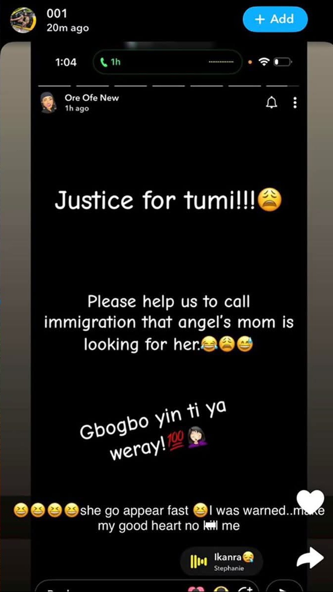 Screenshot of Tumininu's reaction to Angel's mother