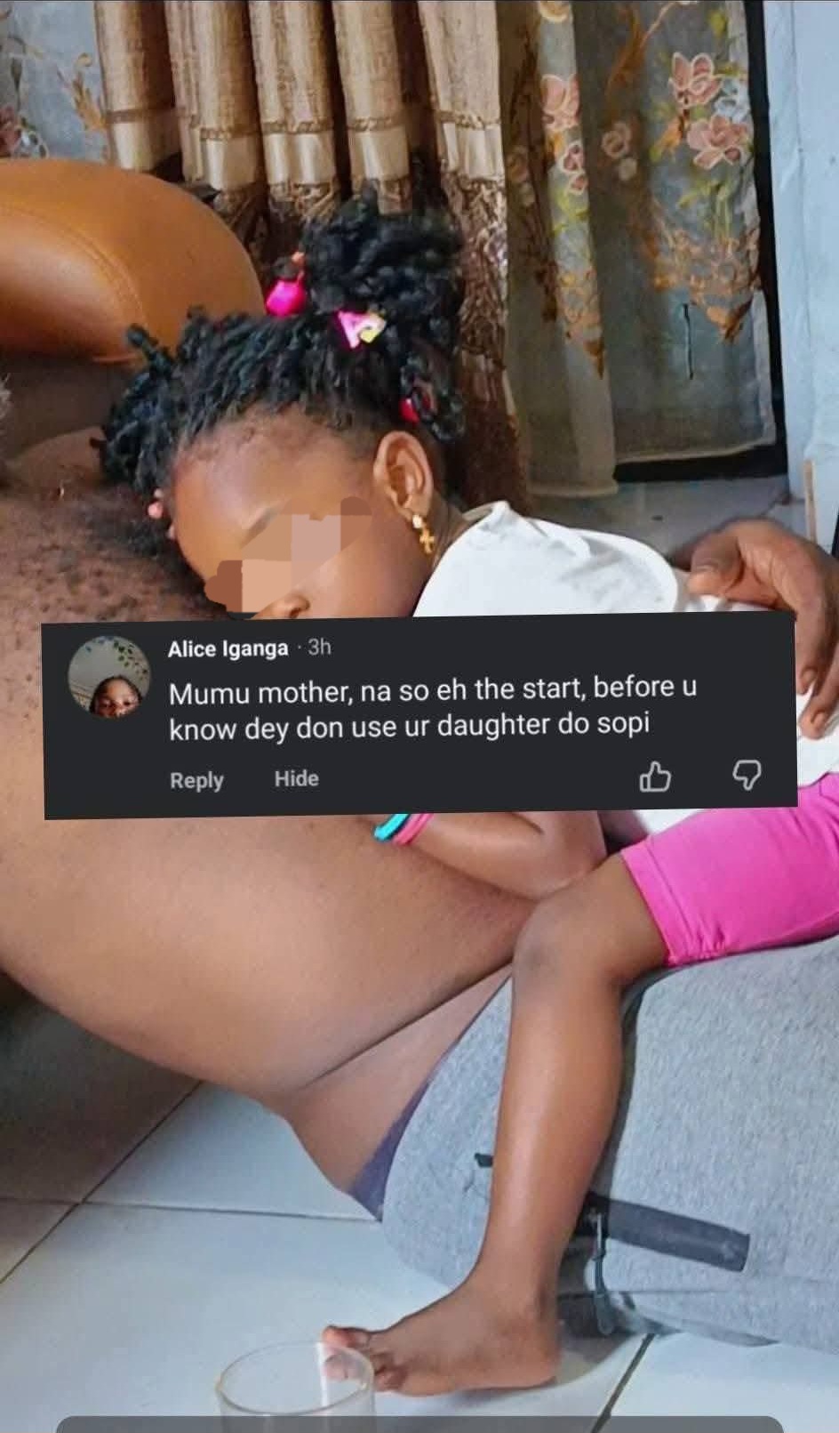 Mother called out for letting husband carry their daughter on his thighs