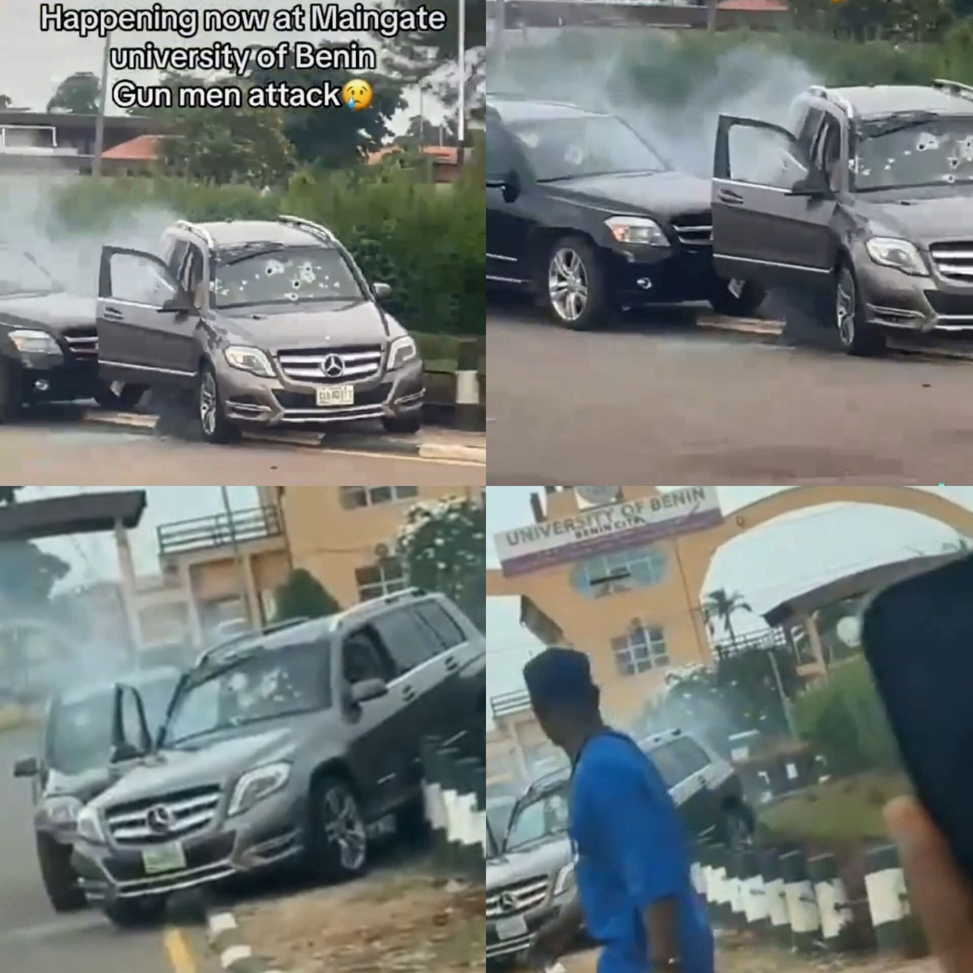 Gunmen shoot man dÂ£@d in his vehicle outside UNIBEN main gate (video)