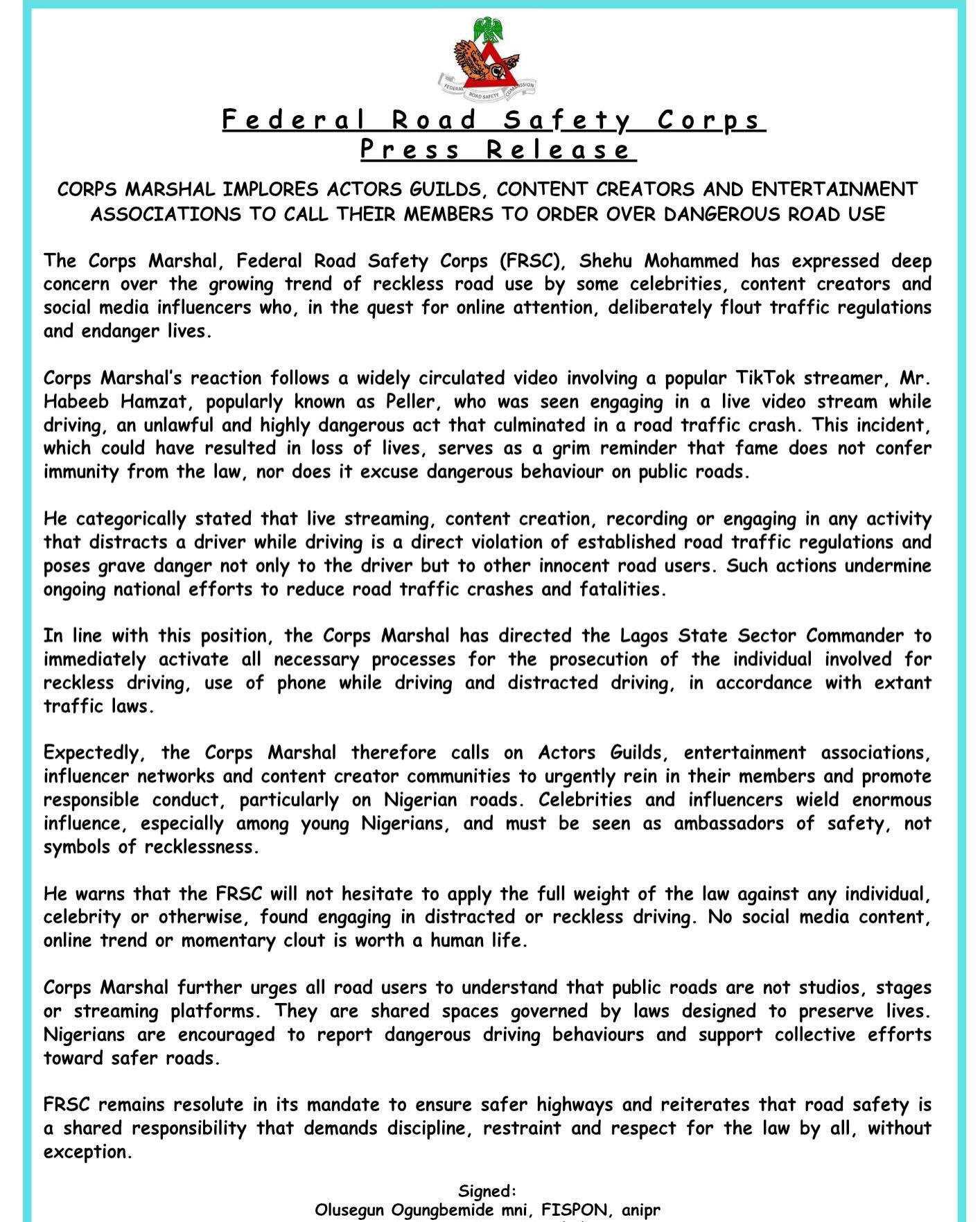 FRSC to prosecute TikTok streamer Peller over dangerous driving