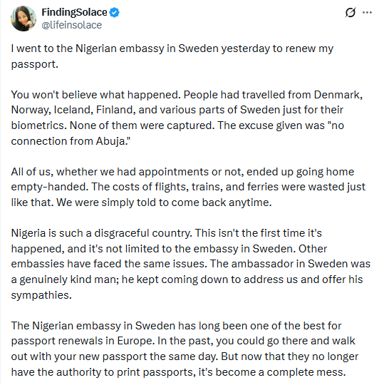 ?They said no connection with Abuja??- Nigerian lady recounts her experience after going to renew her passport at the Nigerian Embassy in Sweden