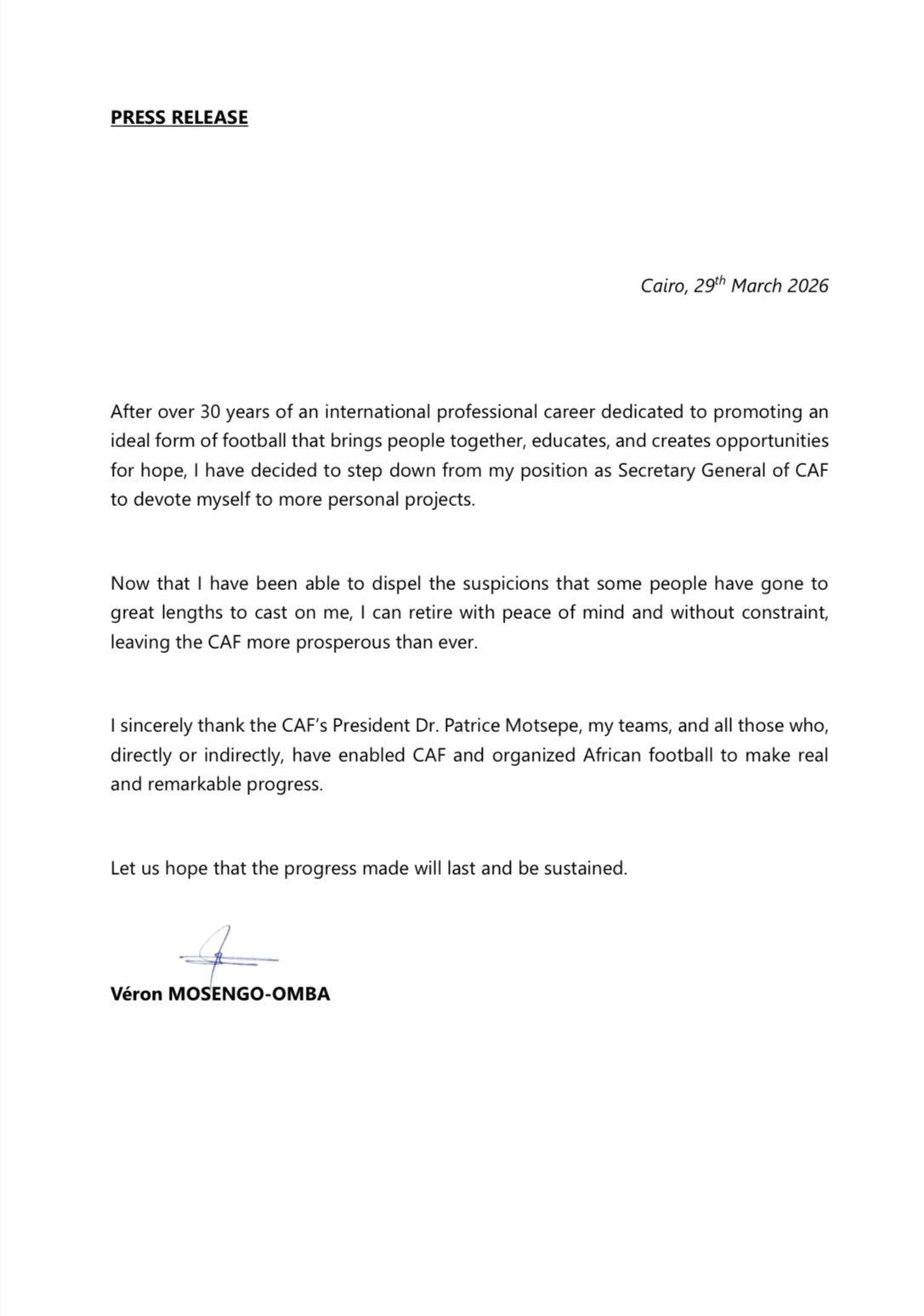 CAF general secretary resigns amid Afcon final fallout