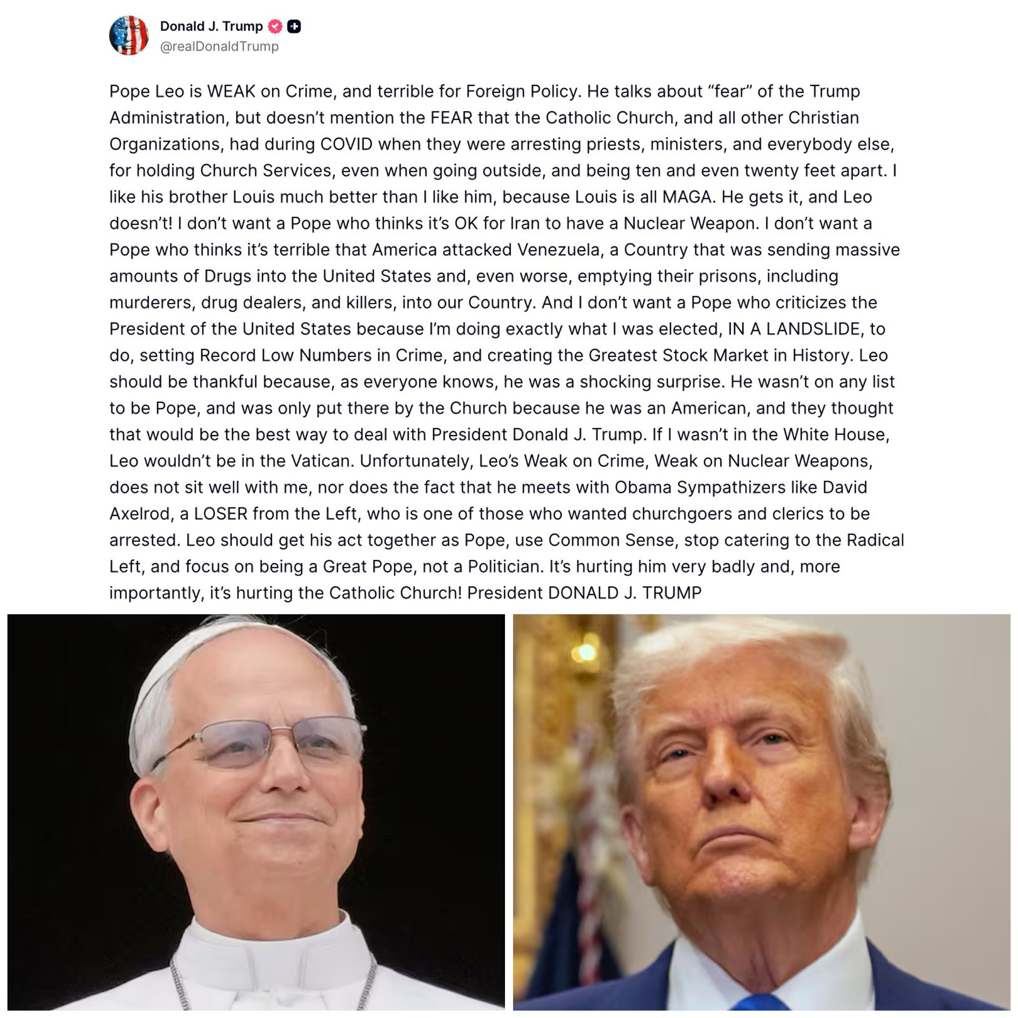 President Trump slams Pope Leo as ?weak? and posts bizarre image of himself as Jesus healing the sick