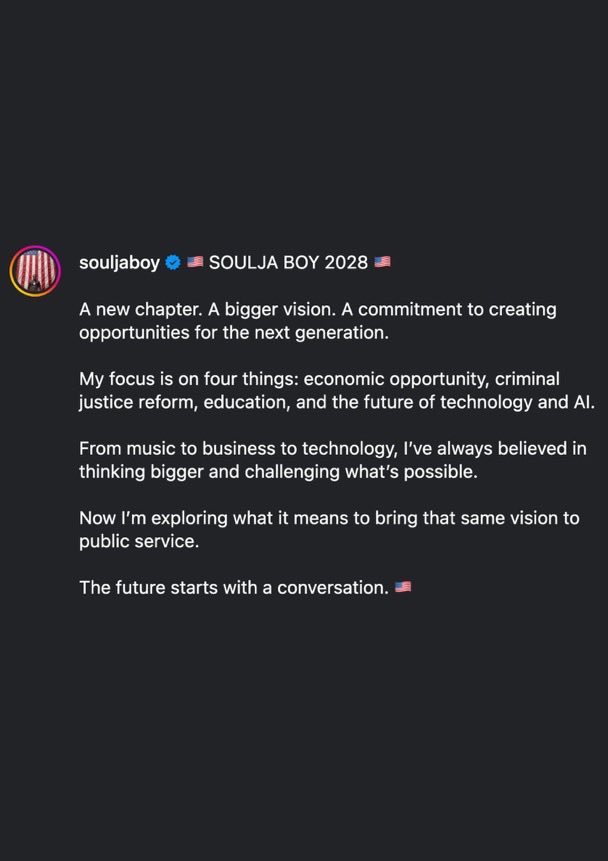 Rapper Soulja Boy announces plan to run for US president in 2028