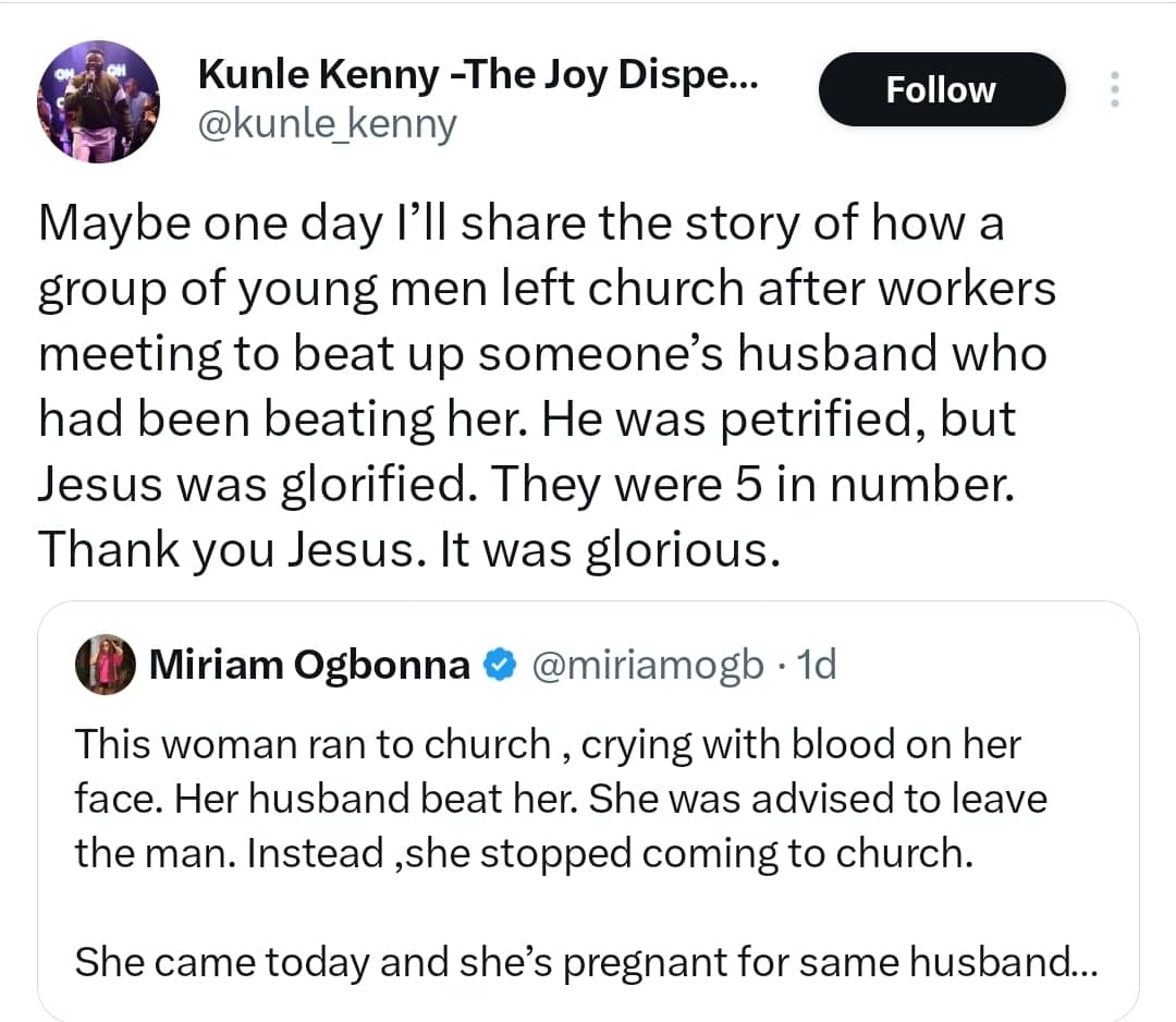 Gospel minister Kunle Kenny reacts after a woman returned to church pregnant for the same husband who once assaulted her