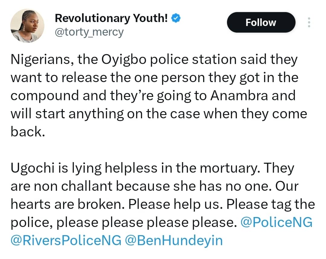 ?Justice for Ugochi? ? Outrage as young woman is reportedly r@ped and k!lled in Port Harcourt, family friend calls for police intervention