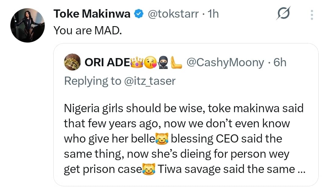 Toke Makinwa reacts after X user makes comment about her pregnancy