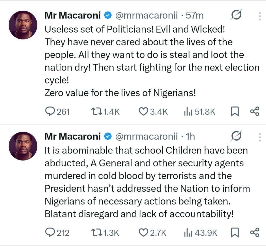 Actor, Mr Macaroni questions President Tinubu over Kebbi schoolchildren kidnapping; condemns political leaders