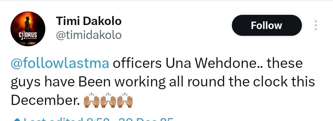 Singer Timi Dakolo claps back after being criticised for praising LASTMA officers