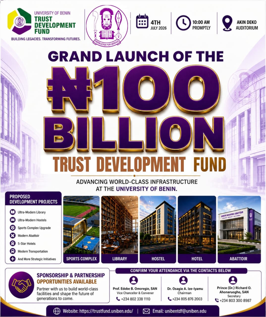 UNIBEN Development Trust Fund (UNIBENTDF) Launches Portal And Unviels massive N100 Billion Fund Drive for sustainable Transformation