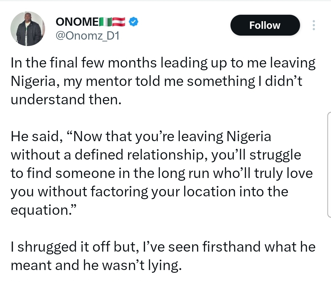 ?You?ll struggle to find real love abroad if you leave Nigeria single? ? X user shares mentor?s warning, sparks reactions
