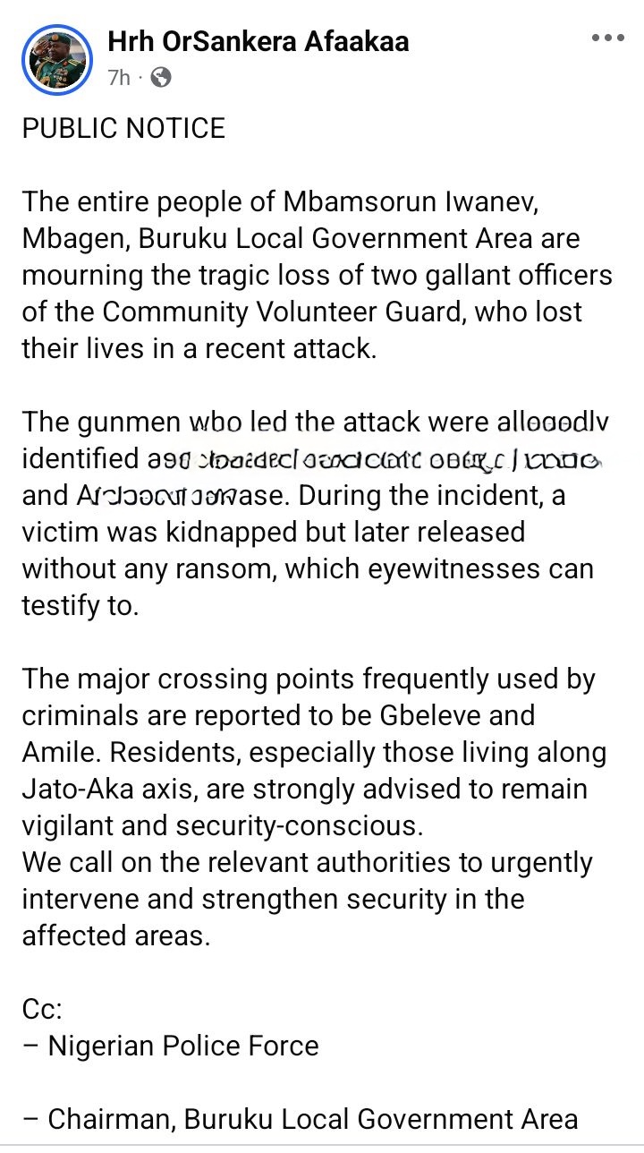 Gunmen k!ll two Community Volunteer Guards in Benue