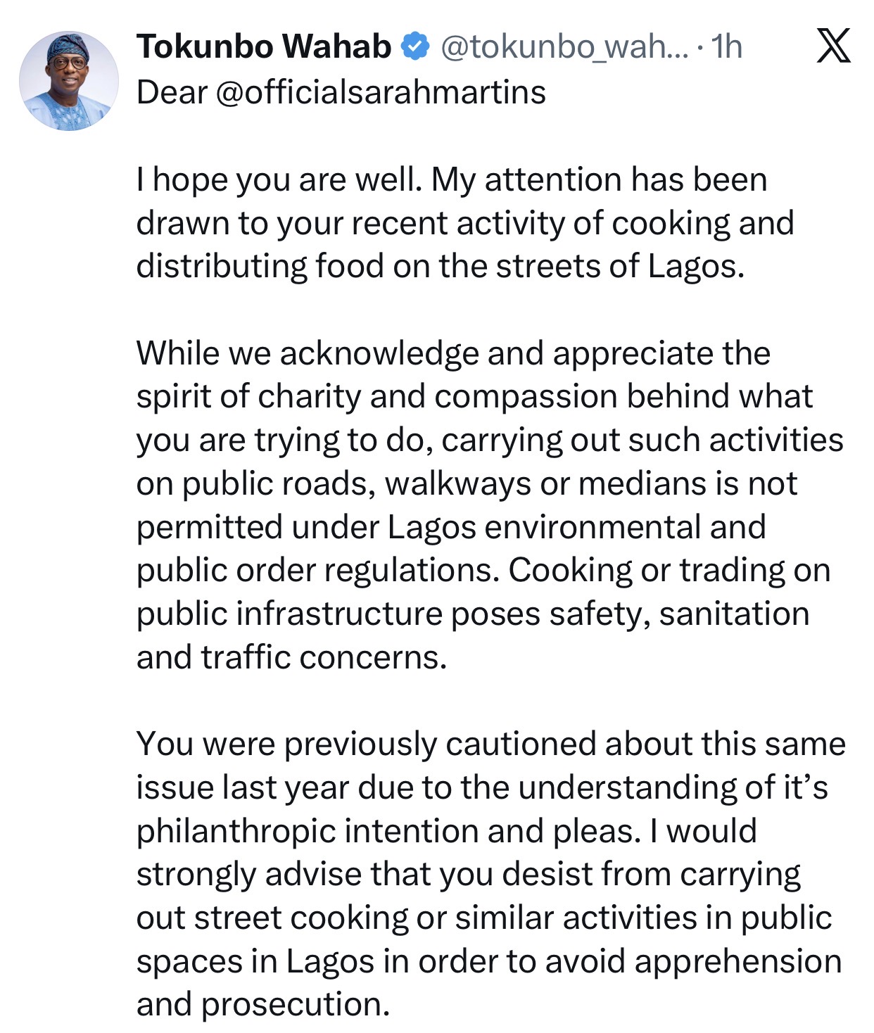 Actress Sarah Martins responds after Lagos Commissioner, Tokunbo Wahab, for Environment called her out for cooking on the road