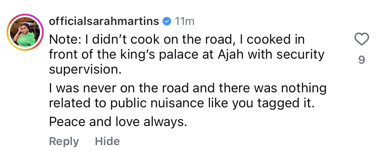 Actress Sarah Martins responds after Lagos Commissioner, Tokunbo Wahab, for Environment called her out for cooking on the road