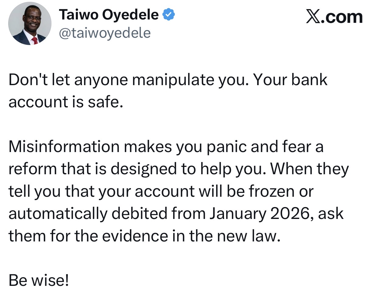 Tax Reforms Committee chairman, Taiwo Oyedele, dismisses claims accounts without Tax Identification Number will be frozen from January 1, 2026
