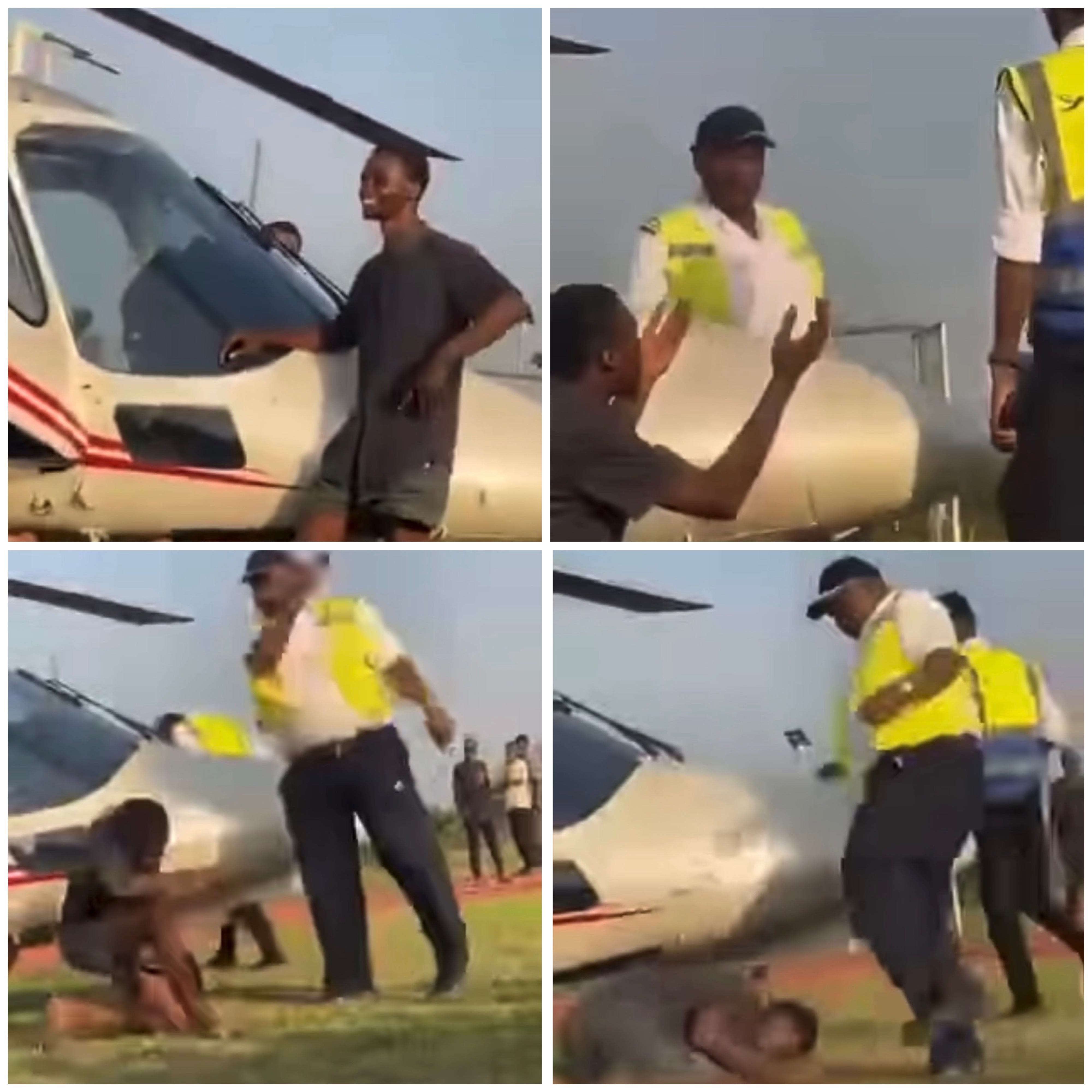Officer caught on tape ass@ulting young man for posing beside helicopter that flew singer Asake to his Alma Mata
