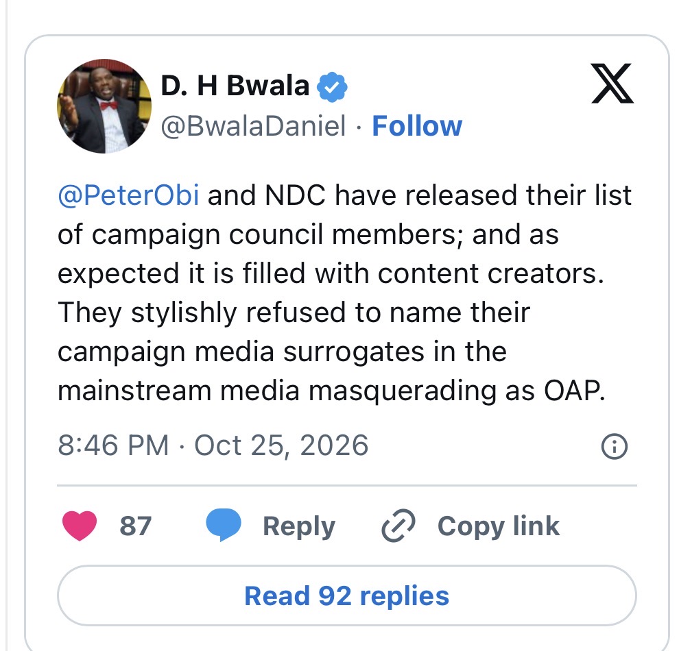 ‘Filled with content creators’ — Daniel Bwala discredits newly released NDC campaign council list