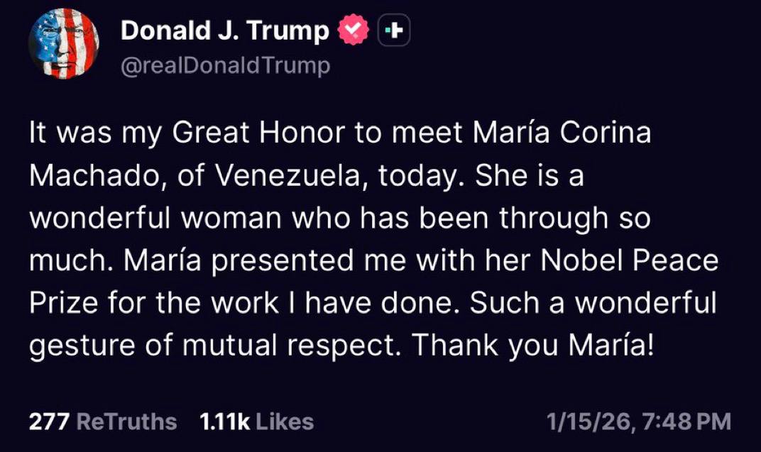 Venezuela opposition leader Machado hands Nobel Peace Prize Medal to Trump at White House meeting