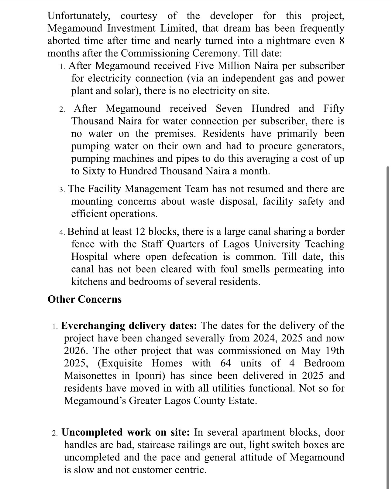 Concerned subscribers/residents of the Greater Lagos County Apartments, Obele-Oniwala, Surulere write open letter to Governor Sanwo Olu over Megamound Investment