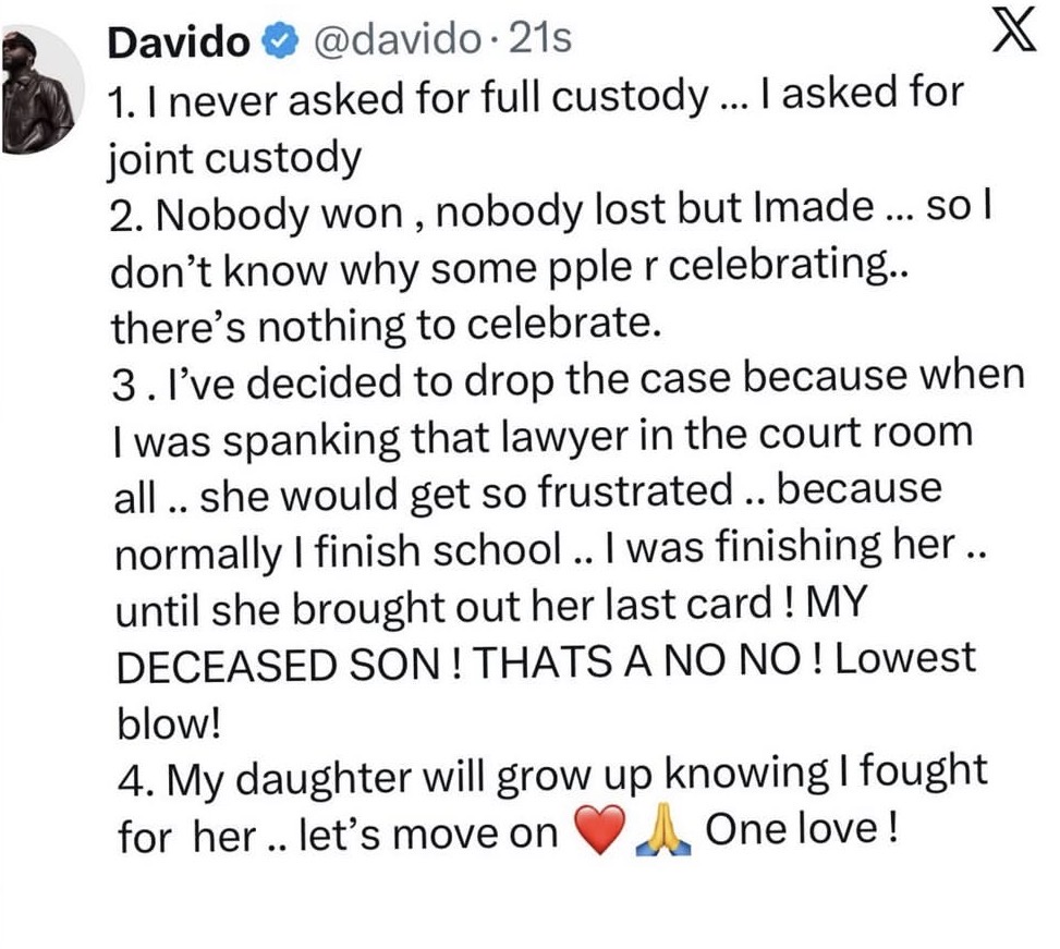 Davido drops custody battle for his daughter Imade following an unpleasant comment from his ex, Sophia Momoduâs lawyer during court proceedings