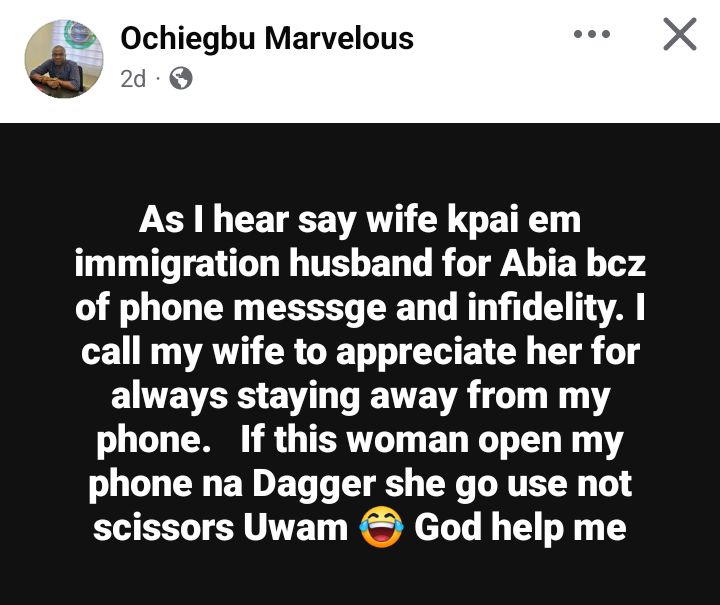 If this woman opens my phone, she will use dagger to st@b me - Nigerian man appreciates wife for staying away from his phone