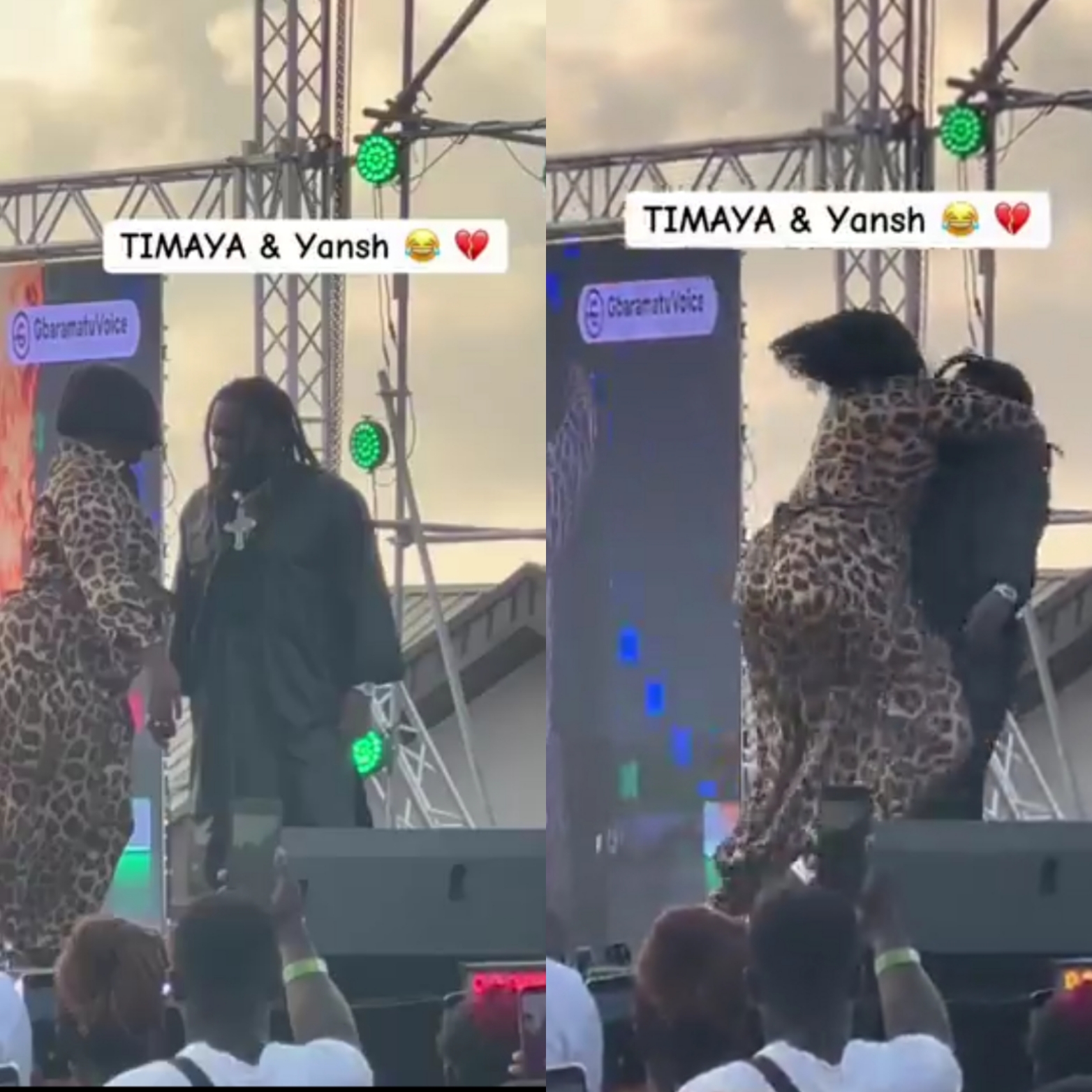Moment singer Timaya falls on stage while attempting to lift plus-size woman mid-performance