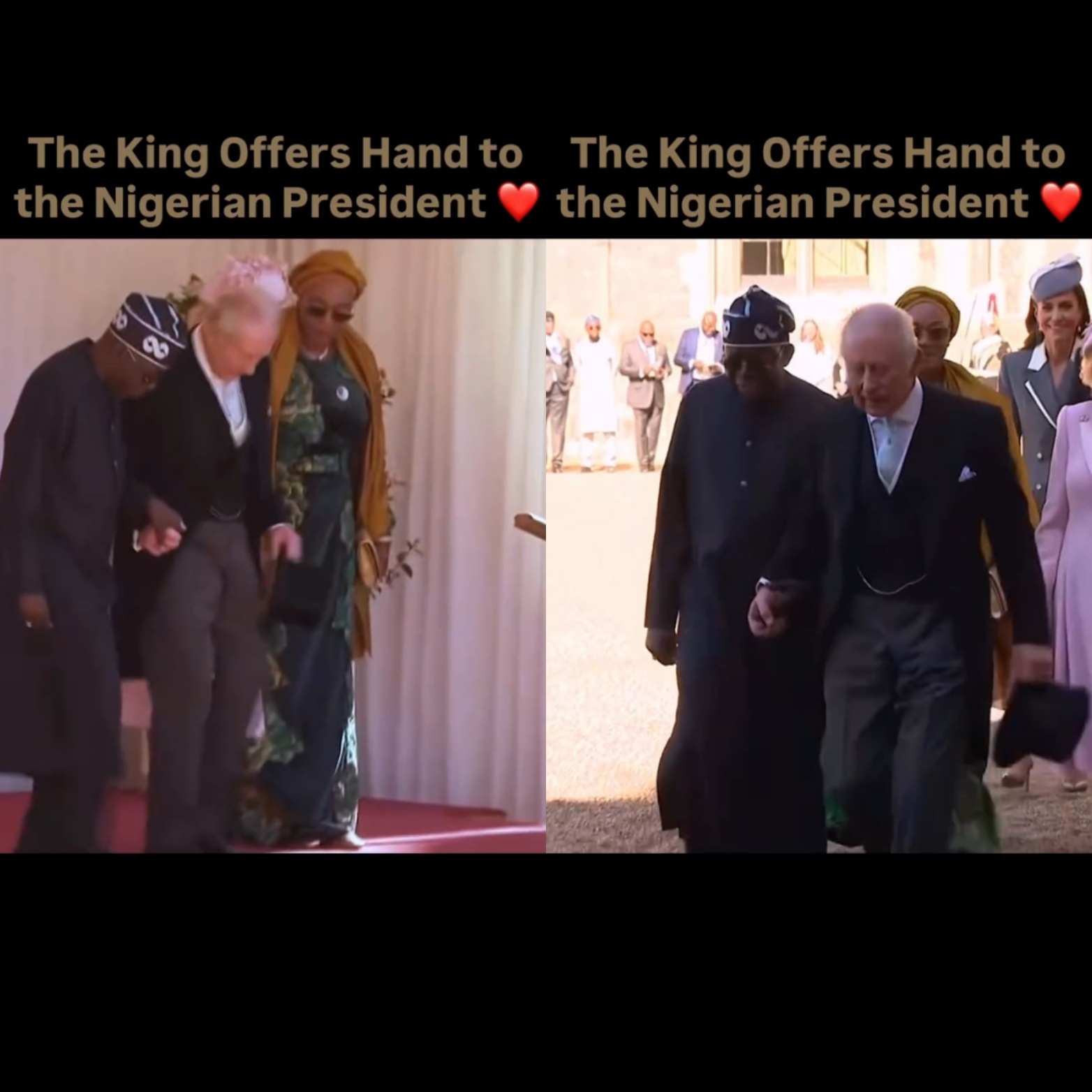 King Charles hailed for offering his hand to support President Tinubu as they walked (video)