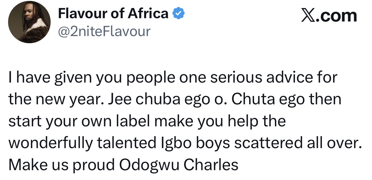 Flavour clapsback at X-user who accused him of not signing young and talented Igbo singers because he is scared of them taking over from him