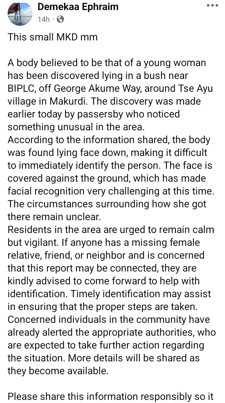 Body of unidentified woman discovered in Makurdi