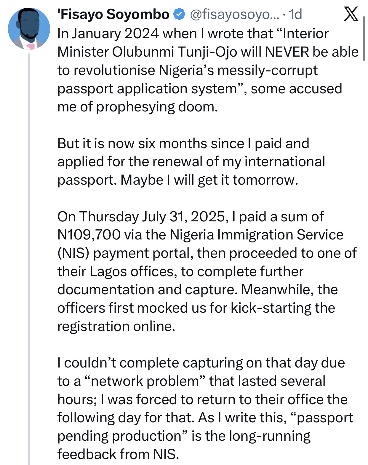 Nigeria Immigration Service responds after journalist Fisayo Soyombo called out the Minister of Interior for failing to revolutionize passport issuance