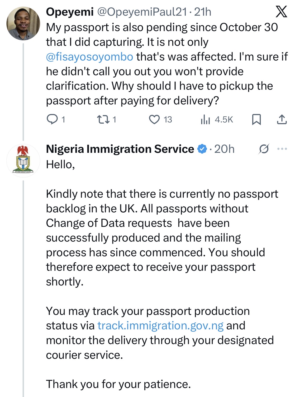 Nigeria Immigration Service responds after journalist Fisayo Soyombo called out the Minister of Interior for failing to revolutionize passport issuance