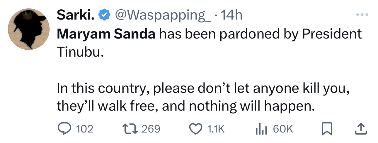 Nigerians react to reports of convicted husband k!ller, Maryam Sanda, receiving Tinubu?s presidential pardon
