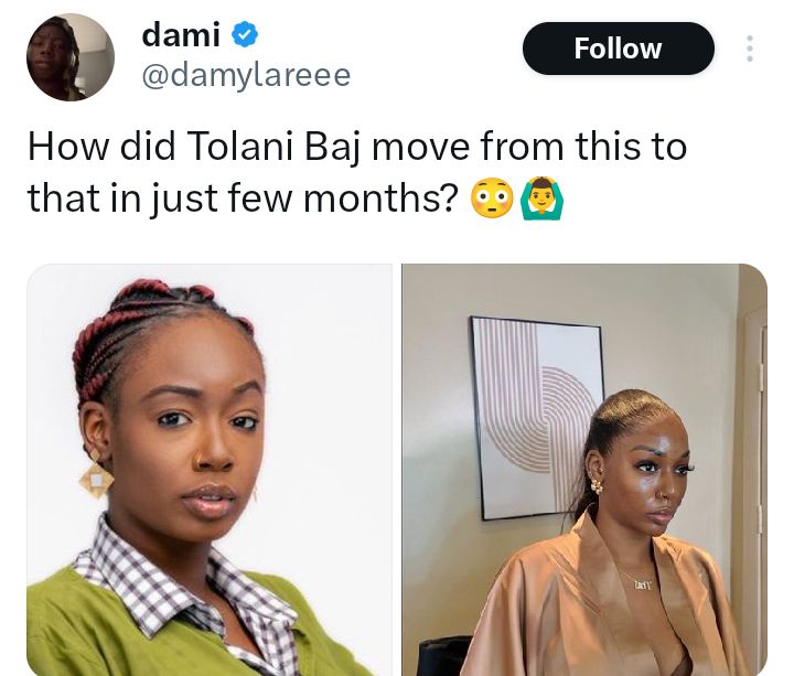Big Brother Naija star, TolaniBaj reacts to claims she had a nose job