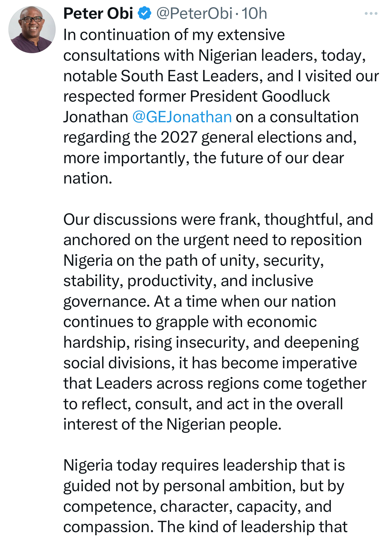 Peter Obi reveals details of his meeting with Former President Goodluck Jonathan