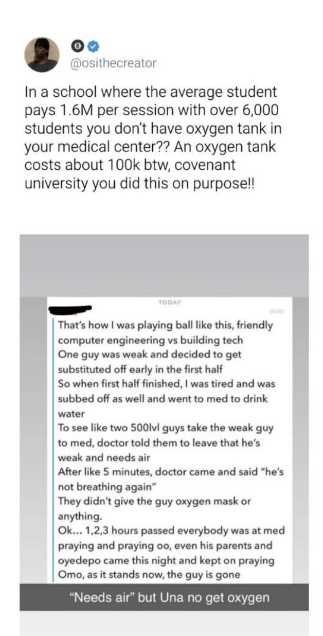 500-level Covenant University student d!es after developing breathing problem while playing football on campus